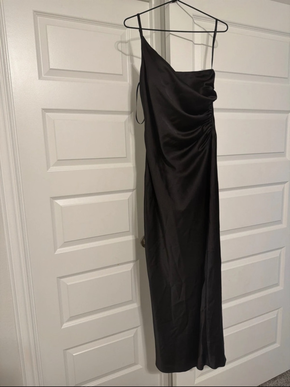 Revelry One-Shoulder Black Satin Gown
